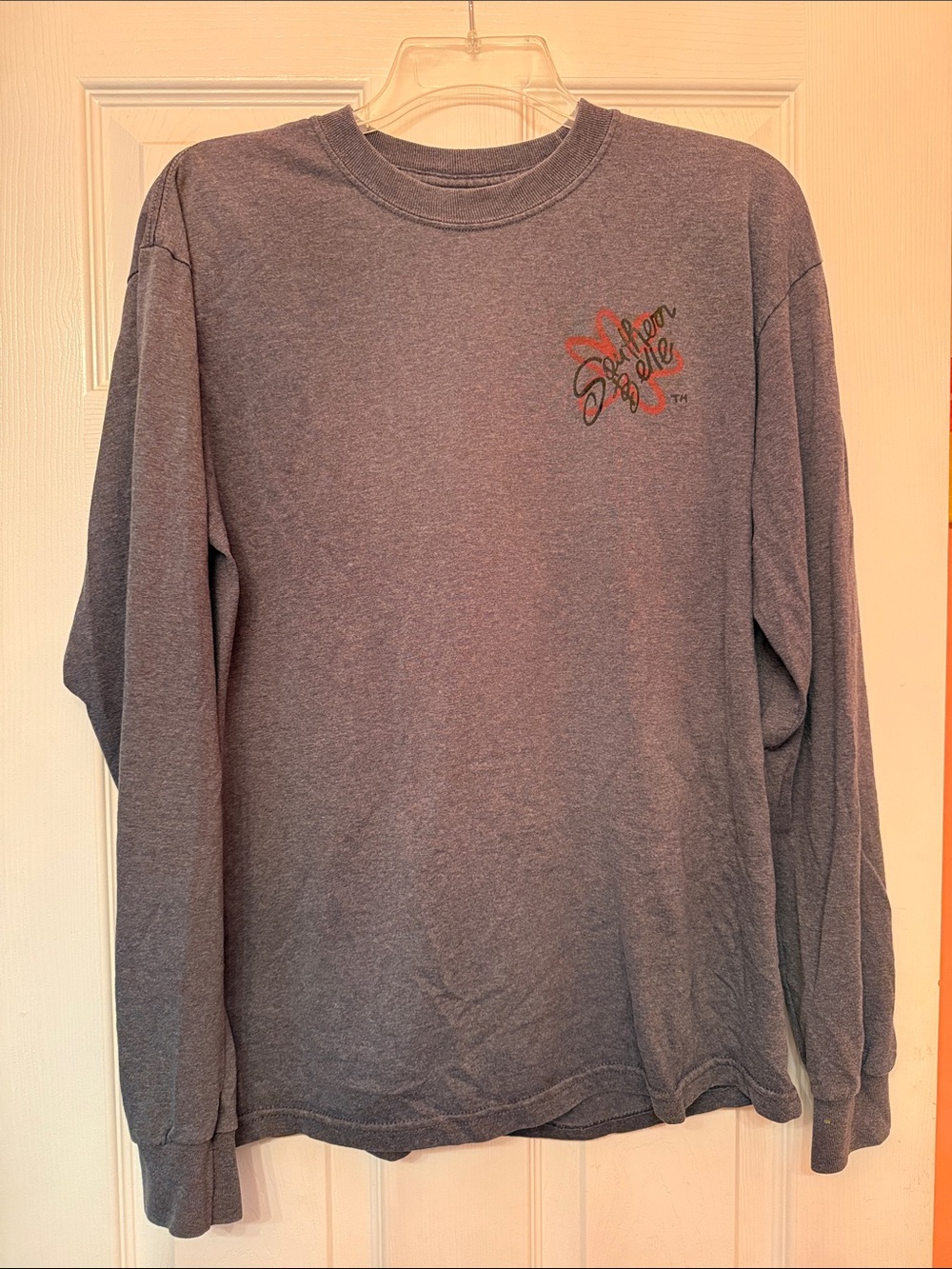 Grey Long Sleeve Tee with Red & Black Script Chest Logo